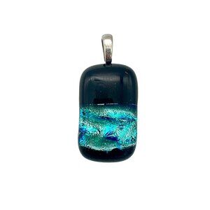 Handcrafted Black & Blue Dichroic Glass Pendant With Silver Tone Bail Modernist